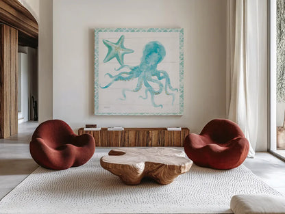 Mermaid Friends V Blue by Jenaya Jackson. Shown as extra-large giant wall art in a modern living room. Available as an archival giclee rolled canvas, fine art paper, or poster print. SKU 59238a.