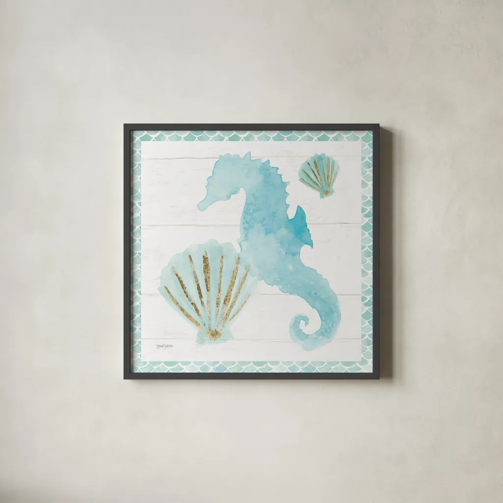 Mermaid Friends VI Blue by Jenaya Jackson. Shown in a sleek black glass frame for a contemporary gallery look. Available as an archival giclee rolled canvas, fine art paper, or poster print. SKU 59239a.