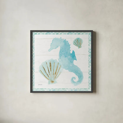 Mermaid Friends VI Blue by Jenaya Jackson. Shown in a sleek black glass frame for a contemporary gallery look. Available as an archival giclee rolled canvas, fine art paper, or poster print. SKU 59239a.