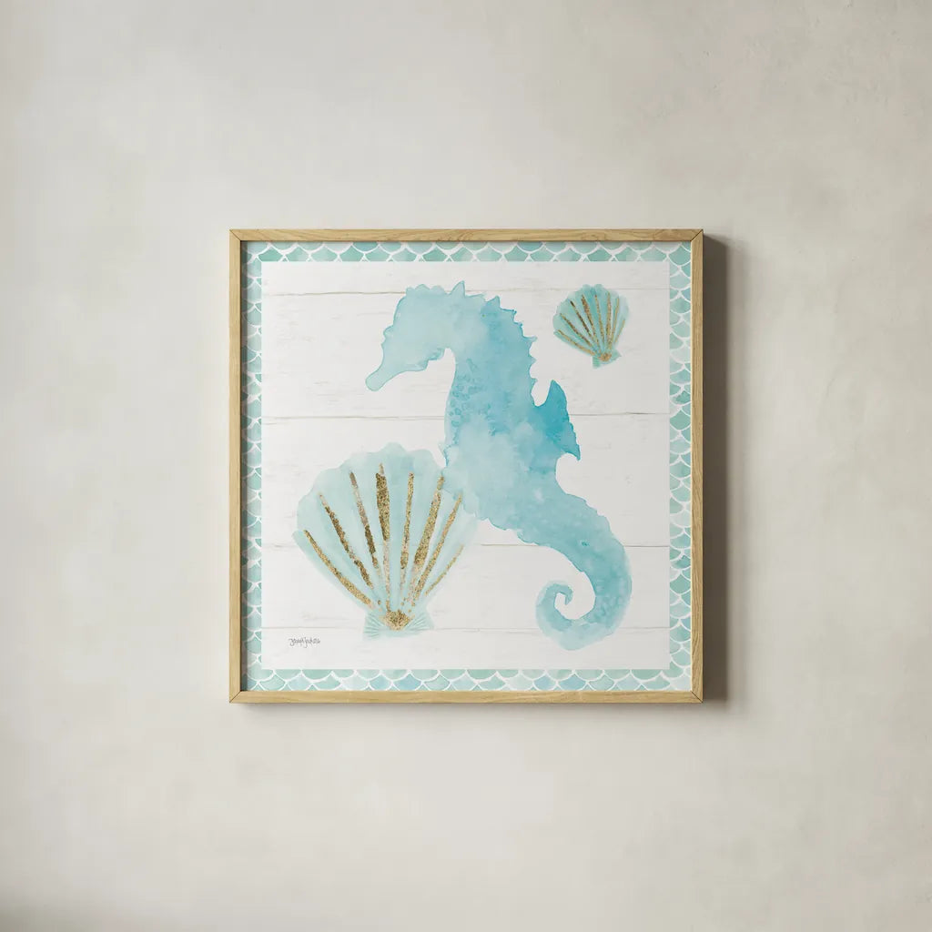 Mermaid Friends VI Blue by Jenaya Jackson. Shown in a natural wood glass frame for a timeless modern aesthetic. Available as an archival giclee rolled canvas, fine art paper, or poster print. SKU 59239a.