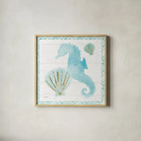 Mermaid Friends VI Blue by Jenaya Jackson. Shown in a natural wood glass frame for a timeless modern aesthetic. Available as an archival giclee rolled canvas, fine art paper, or poster print. SKU 59239a.