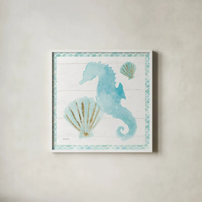 Mermaid Friends VI Blue by Jenaya Jackson. Shown in a crisp white glass frame for a clean and minimalist style. Available as an archival giclee rolled canvas, fine art paper, or poster print. SKU 59239a.