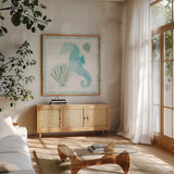 Mermaid Friends VI Blue by Jenaya Jackson. Shown in a natural wood frame in a cozy modern living room. Available as an archival giclee rolled canvas, fine art paper, or poster print. SKU 59239a.