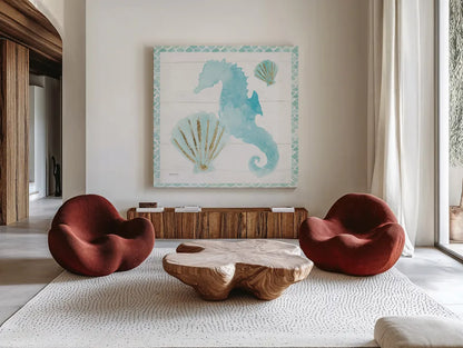 Mermaid Friends VI Blue by Jenaya Jackson. Shown as extra-large giant wall art in a modern living room. Available as an archival giclee rolled canvas, fine art paper, or poster print. SKU 59239a.
