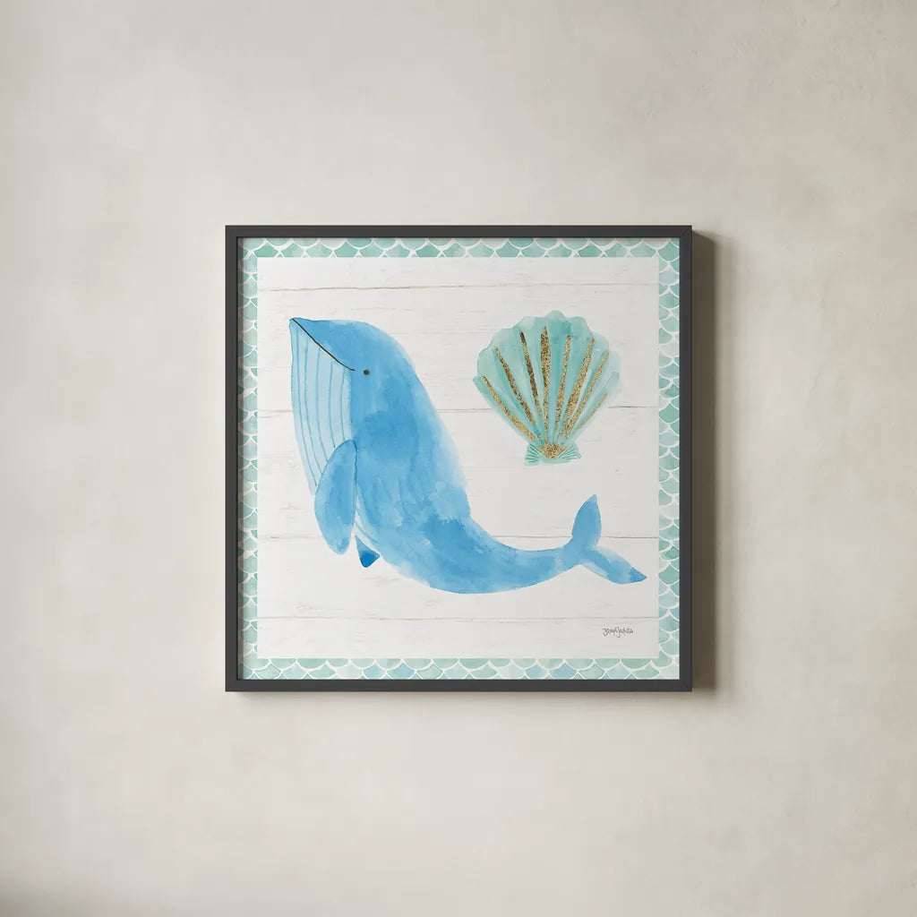 Mermaid Friends VII by Jenaya Jackson. Shown in a sleek black glass frame for a contemporary gallery look. Available as an archival giclee rolled canvas, fine art paper, or poster print. SKU 41493a.
