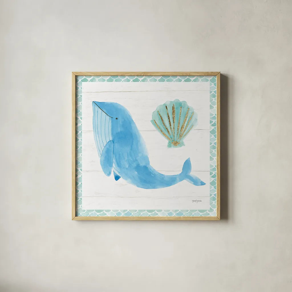 Mermaid Friends VII by Jenaya Jackson. Shown in a natural wood glass frame for a timeless modern aesthetic. Available as an archival giclee rolled canvas, fine art paper, or poster print. SKU 41493a.