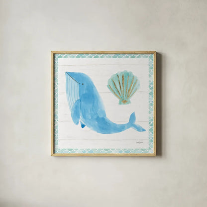 Mermaid Friends VII by Jenaya Jackson. Shown in a natural wood glass frame for a timeless modern aesthetic. Available as an archival giclee rolled canvas, fine art paper, or poster print. SKU 41493a.