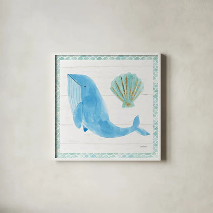 Mermaid Friends VII by Jenaya Jackson. Shown in a crisp white glass frame for a clean and minimalist style. Available as an archival giclee rolled canvas, fine art paper, or poster print. SKU 41493a.
