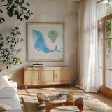 Mermaid Friends VII by Jenaya Jackson. Shown in a natural wood frame in a cozy modern living room. Available as an archival giclee rolled canvas, fine art paper, or poster print. SKU 41493a.
