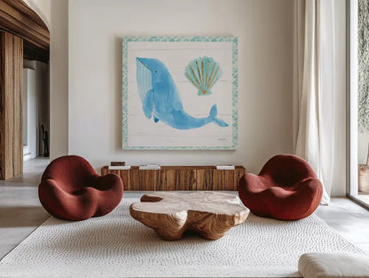 Mermaid Friends VII by Jenaya Jackson. Shown as extra-large giant wall art in a modern living room. Available as an archival giclee rolled canvas, fine art paper, or poster print. SKU 41493a.