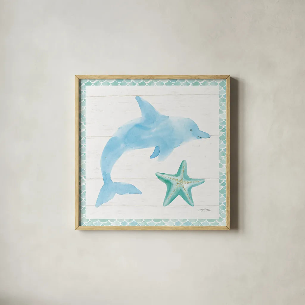 Mermaid Friends VIII by Jenaya Jackson. Shown in a natural wood glass frame for a timeless modern aesthetic. Available as an archival giclee rolled canvas, fine art paper, or poster print. SKU 41494a.