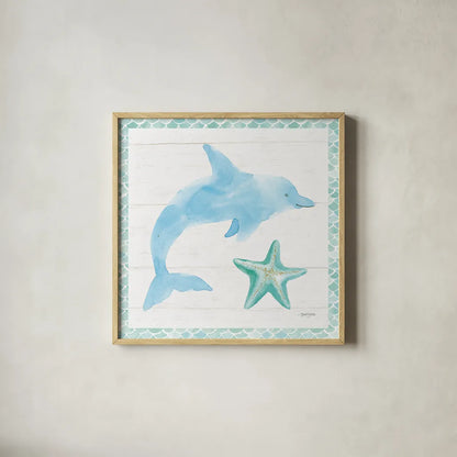 Mermaid Friends VIII by Jenaya Jackson. Shown in a natural wood glass frame for a timeless modern aesthetic. Available as an archival giclee rolled canvas, fine art paper, or poster print. SKU 41494a.