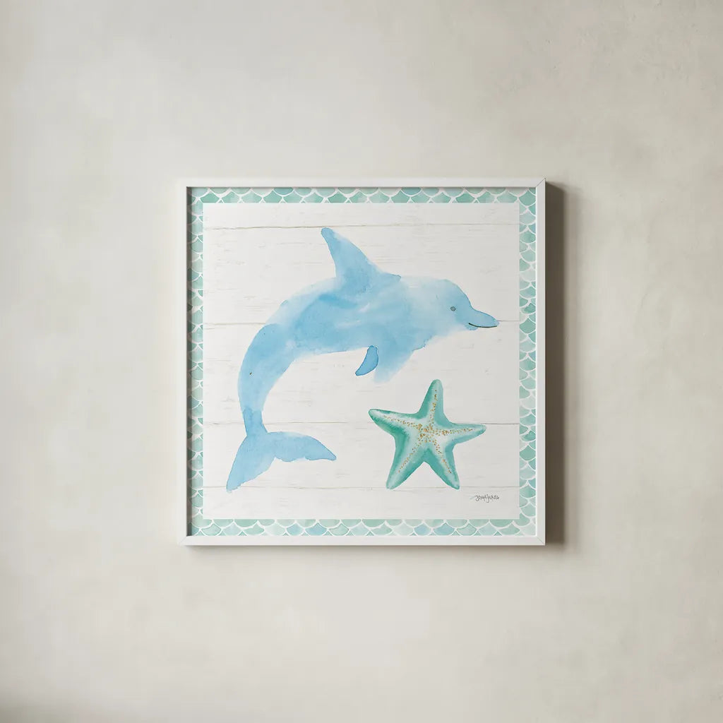 Mermaid Friends VIII by Jenaya Jackson. Shown in a crisp white glass frame for a clean and minimalist style. Available as an archival giclee rolled canvas, fine art paper, or poster print. SKU 41494a.