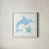 Mermaid Friends VIII by Jenaya Jackson. Shown in a crisp white glass frame for a clean and minimalist style. Available as an archival giclee rolled canvas, fine art paper, or poster print. SKU 41494a.
