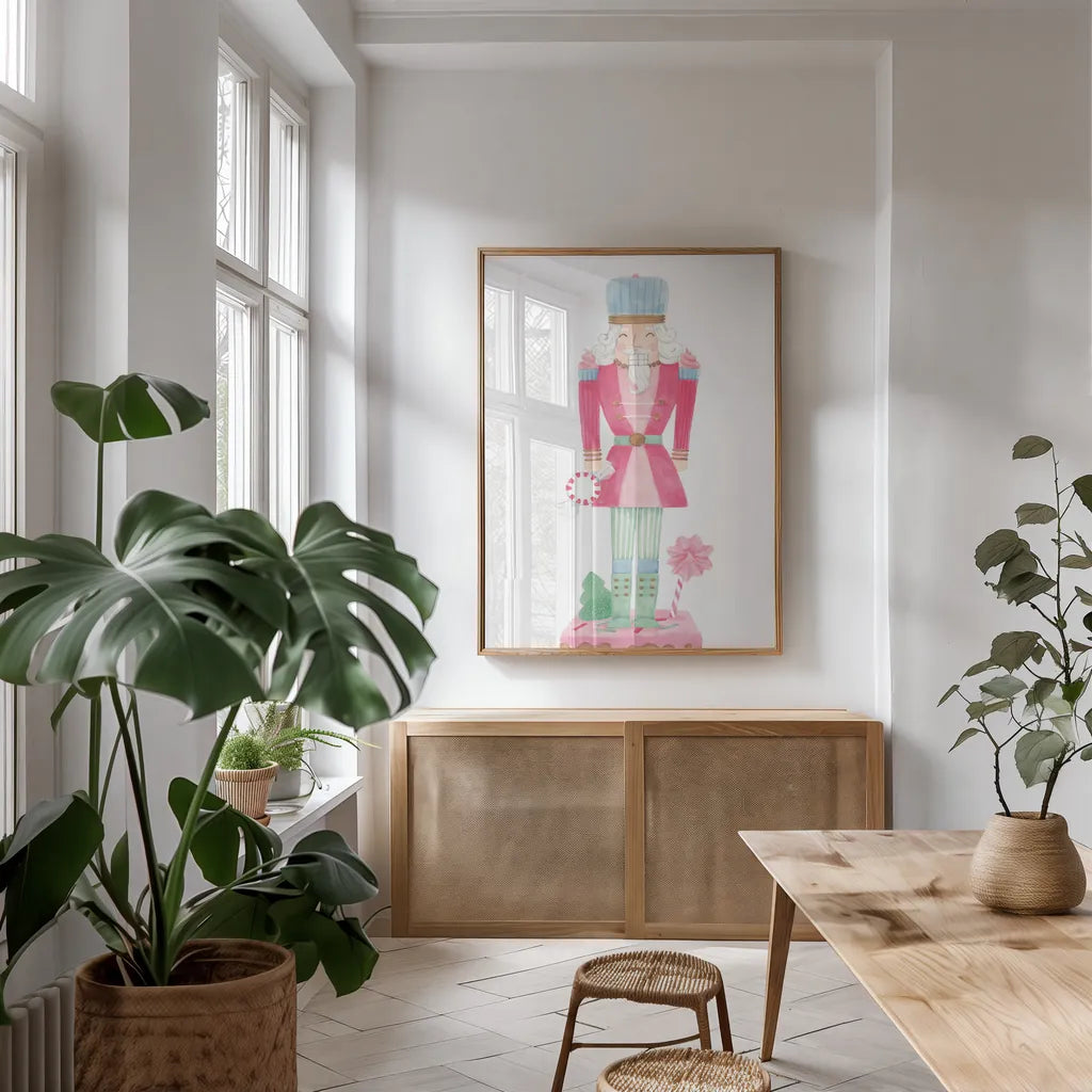 Nutcracker Bakery III by Jenaya Jackson. shown as a print in a natural wood frame in a dining room. Available as a archival giclee rolled canvas, fine art paper, or poster print. SKU 99966h.