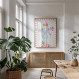 Nutcracker Bakery IV Border by Jenaya Jackson. shown as a print in a natural wood frame in a dining room. Available as a archival giclee rolled canvas, fine art paper, or poster print. SKU 100725h.