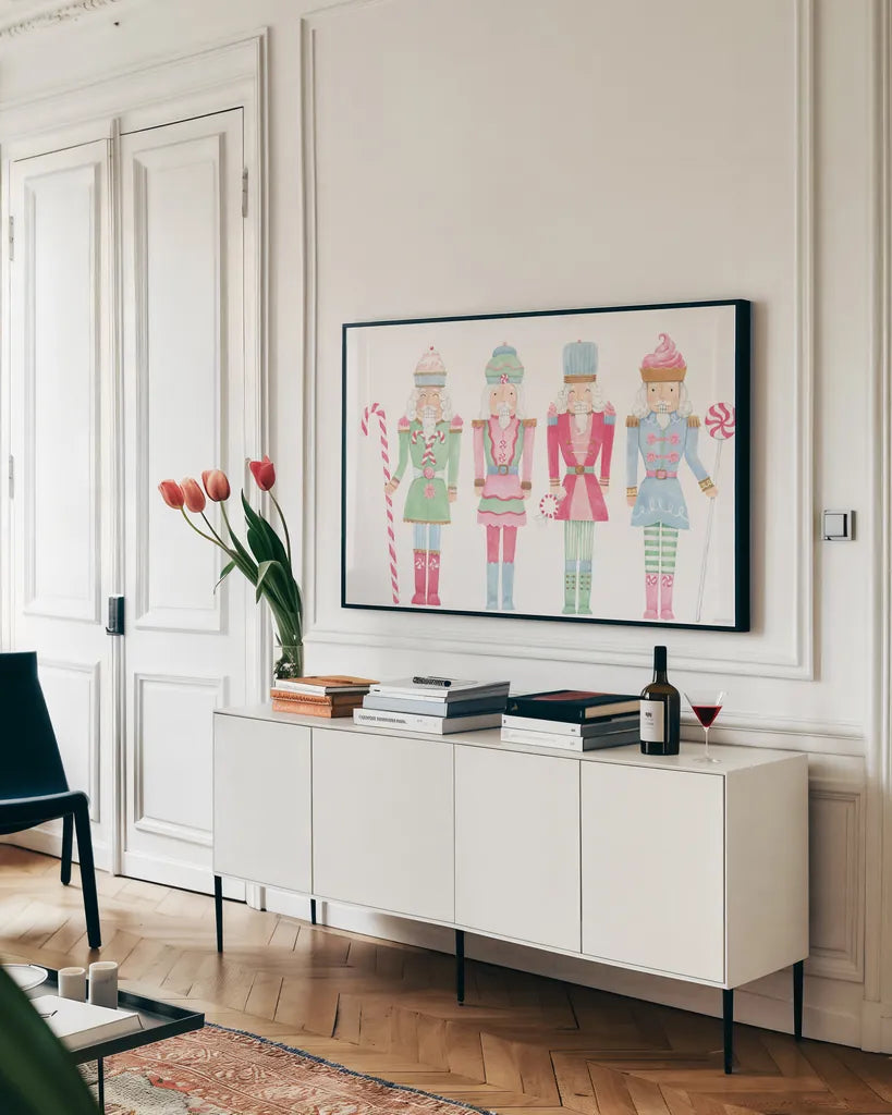 Nutcracker Bakery V by Jenaya Jackson. shown as a framed stretched canvas in a living room above a console. Available as a archival giclee rolled canvas, fine art paper, or poster print. SKU 99968i.