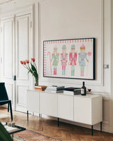 Nutcracker Bakery V Border by Jenaya Jackson. shown as a framed stretched canvas in a living room above a console. Available as a archival giclee rolled canvas, fine art paper, or poster print. SKU 100726i.