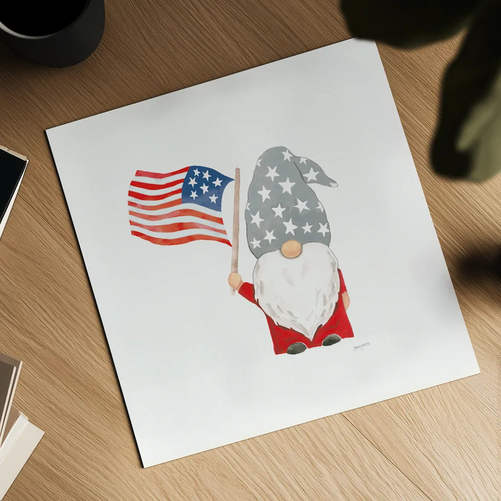 Patriotic Gnomes II by Jenaya Jackson. Shown as a detailed flat fine art print, highlighting archival giclee quality. Available as an archival giclee rolled canvas, fine art paper, or poster print. SKU 71427a.