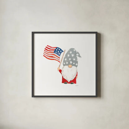 Patriotic Gnomes II by Jenaya Jackson. Shown in a sleek black glass frame for a contemporary gallery look. Available as an archival giclee rolled canvas, fine art paper, or poster print. SKU 71427a.