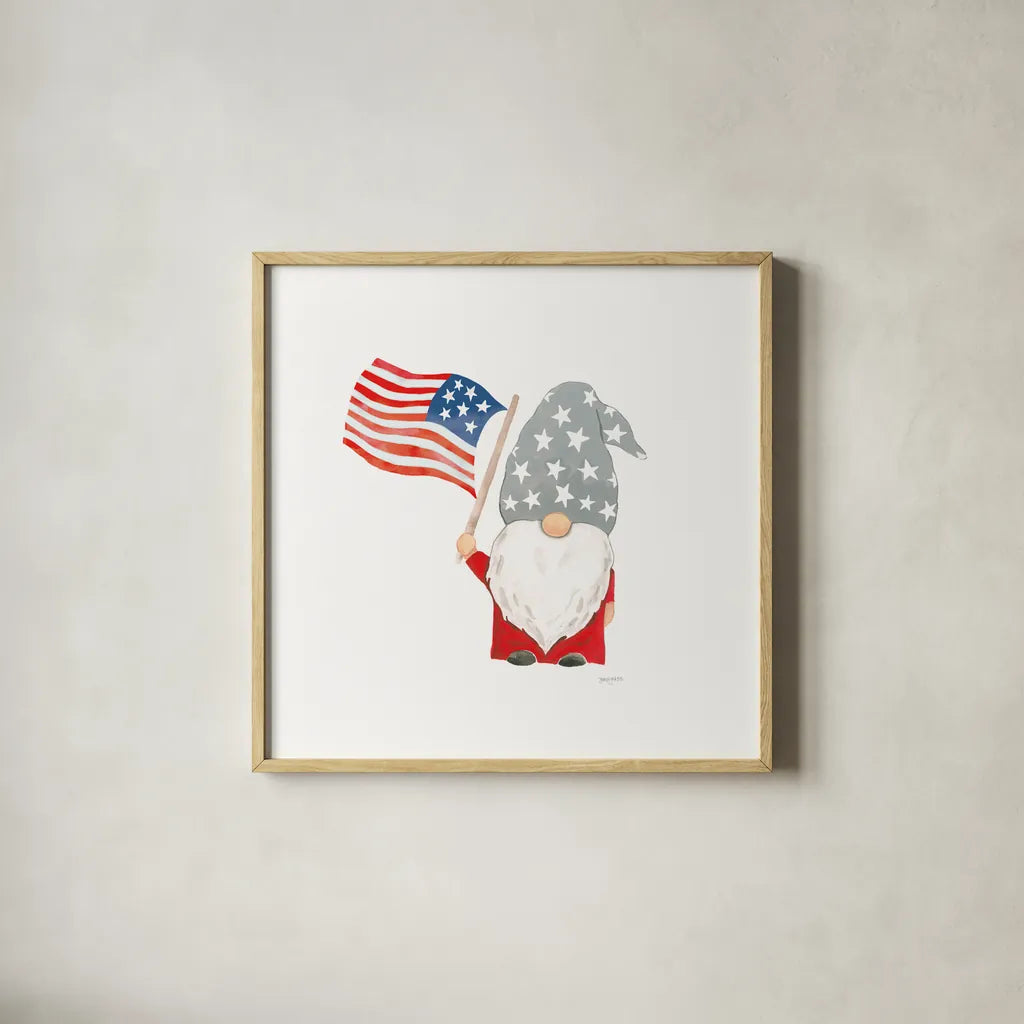 Patriotic Gnomes II by Jenaya Jackson. Shown in a natural wood glass frame for a timeless modern aesthetic. Available as an archival giclee rolled canvas, fine art paper, or poster print. SKU 71427a.