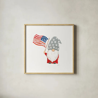 Patriotic Gnomes II by Jenaya Jackson. Shown in a natural wood glass frame for a timeless modern aesthetic. Available as an archival giclee rolled canvas, fine art paper, or poster print. SKU 71427a.