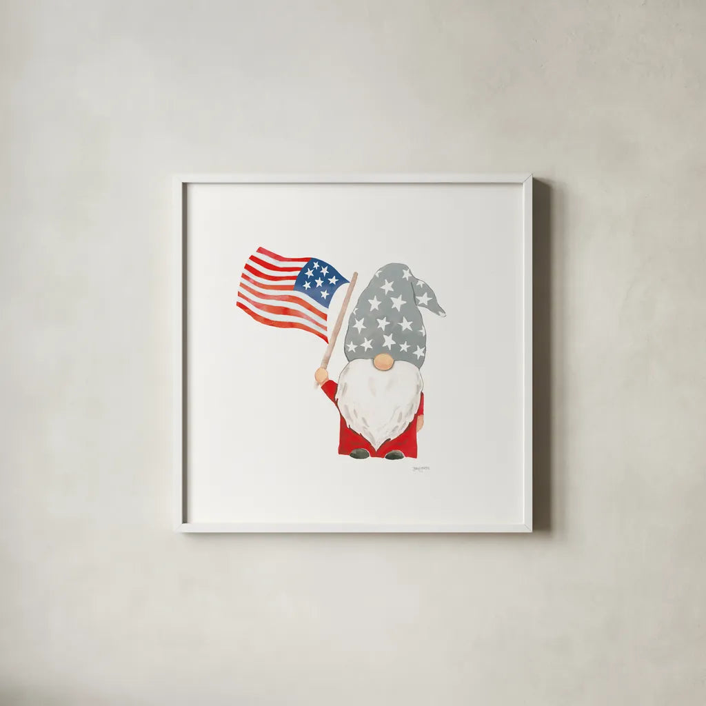 Patriotic Gnomes II by Jenaya Jackson. Shown in a crisp white glass frame for a clean and minimalist style. Available as an archival giclee rolled canvas, fine art paper, or poster print. SKU 71427a.