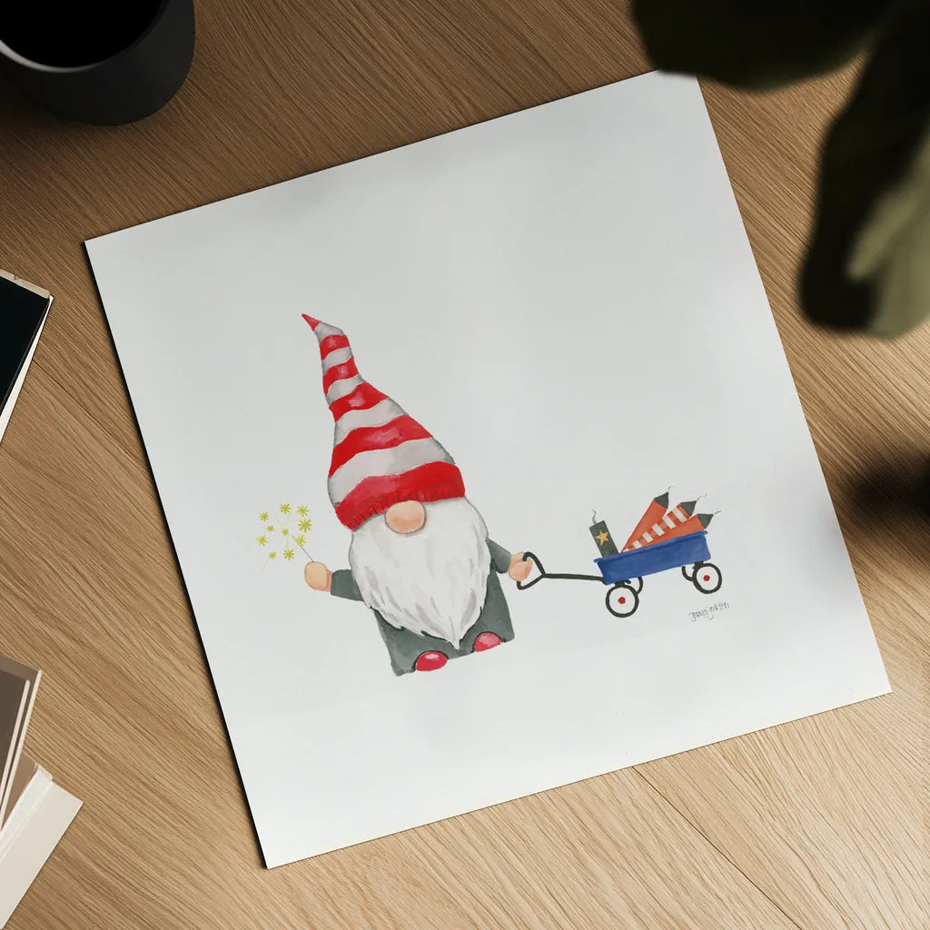 Patriotic Gnomes III by Jenaya Jackson. Shown as a detailed flat fine art print, highlighting archival giclee quality. Available as an archival giclee rolled canvas, fine art paper, or poster print. SKU 71428a.