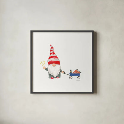 Patriotic Gnomes III by Jenaya Jackson. Shown in a sleek black glass frame for a contemporary gallery look. Available as an archival giclee rolled canvas, fine art paper, or poster print. SKU 71428a.