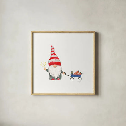 Patriotic Gnomes III by Jenaya Jackson. Shown in a natural wood glass frame for a timeless modern aesthetic. Available as an archival giclee rolled canvas, fine art paper, or poster print. SKU 71428a.