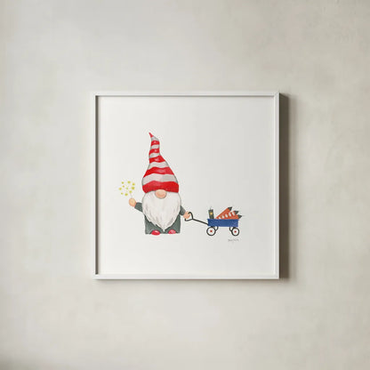 Patriotic Gnomes III by Jenaya Jackson. Shown in a crisp white glass frame for a clean and minimalist style. Available as an archival giclee rolled canvas, fine art paper, or poster print. SKU 71428a.