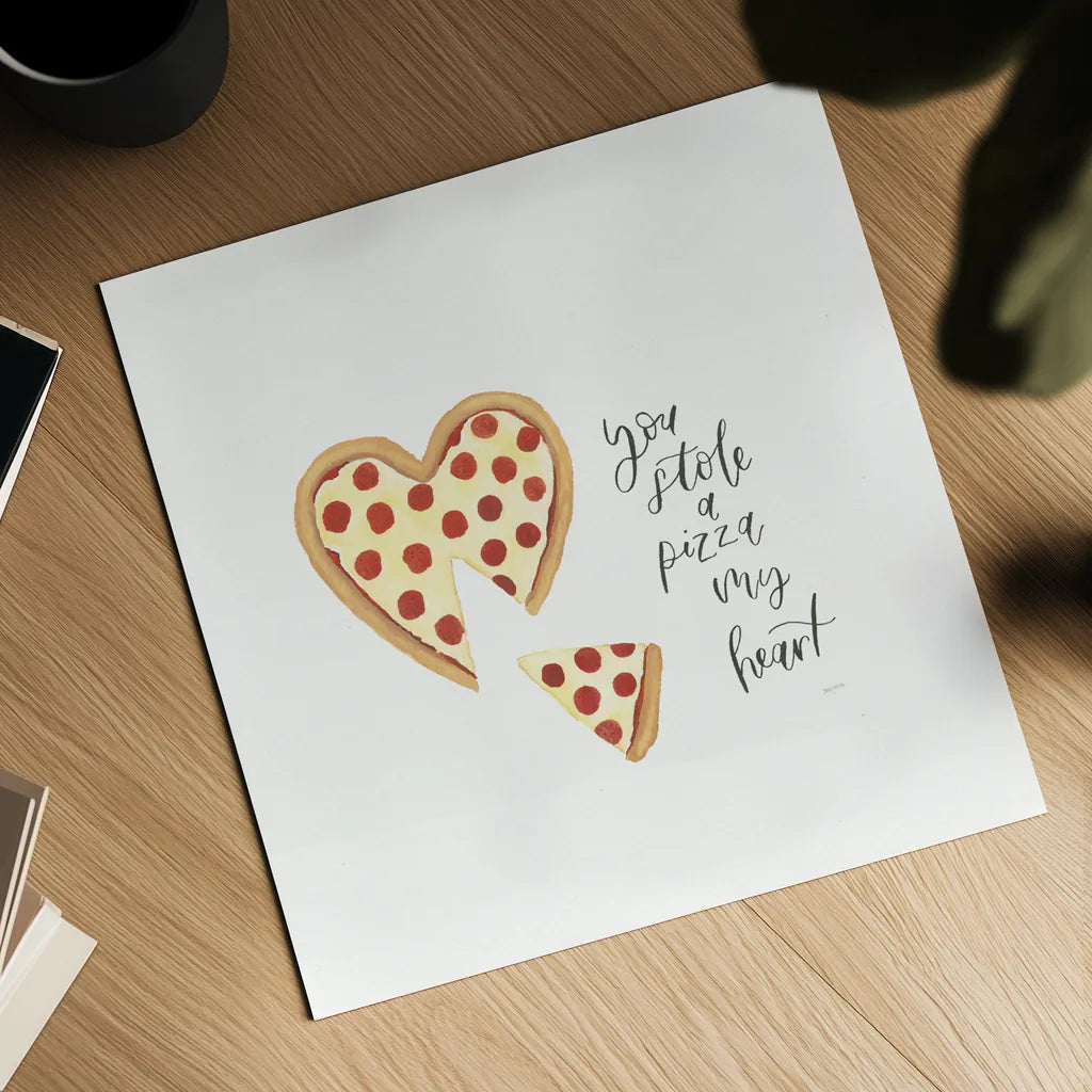 Pizza Love by Jenaya Jackson. Shown as a detailed flat fine art print, highlighting archival giclee quality. Available as an archival giclee rolled canvas, fine art paper, or poster print. SKU 71219a.