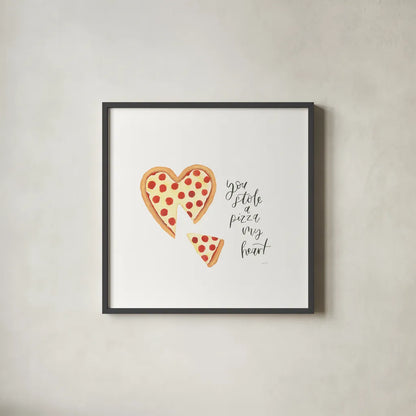 Pizza Love by Jenaya Jackson. Shown in a sleek black glass frame for a contemporary gallery look. Available as an archival giclee rolled canvas, fine art paper, or poster print. SKU 71219a.