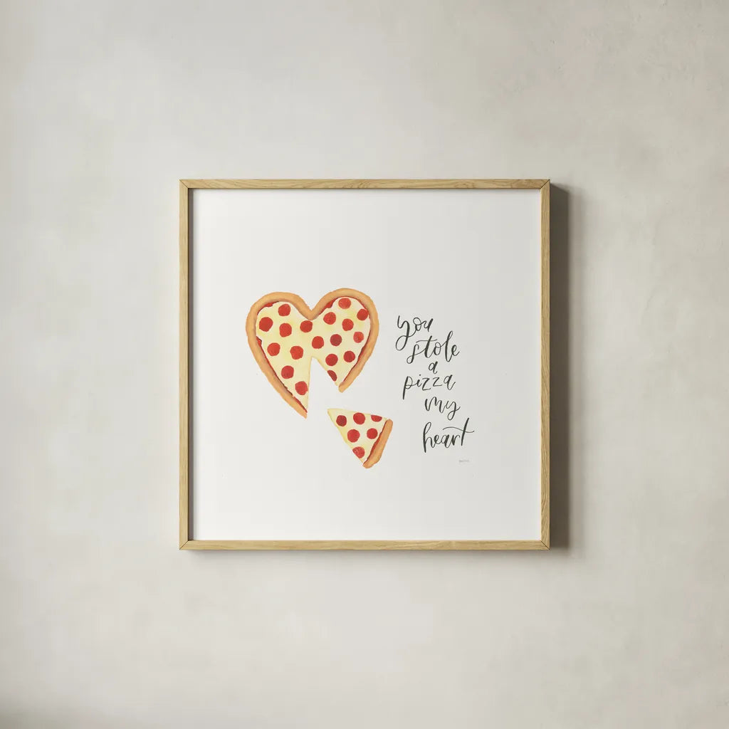 Pizza Love by Jenaya Jackson. Shown in a natural wood glass frame for a timeless modern aesthetic. Available as an archival giclee rolled canvas, fine art paper, or poster print. SKU 71219a.