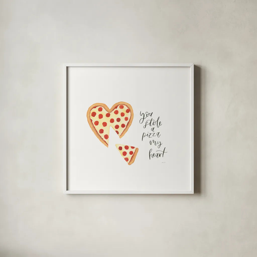 Pizza Love by Jenaya Jackson. Shown in a crisp white glass frame for a clean and minimalist style. Available as an archival giclee rolled canvas, fine art paper, or poster print. SKU 71219a.