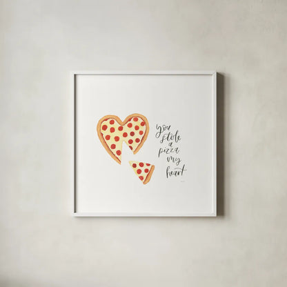 Pizza Love by Jenaya Jackson. Shown in a crisp white glass frame for a clean and minimalist style. Available as an archival giclee rolled canvas, fine art paper, or poster print. SKU 71219a.