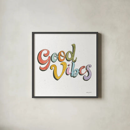 Retro Vibes Good II by Jenaya Jackson. Shown in a sleek black glass frame for a contemporary gallery look. Available as an archival giclee rolled canvas, fine art paper, or poster print. SKU 97017a.