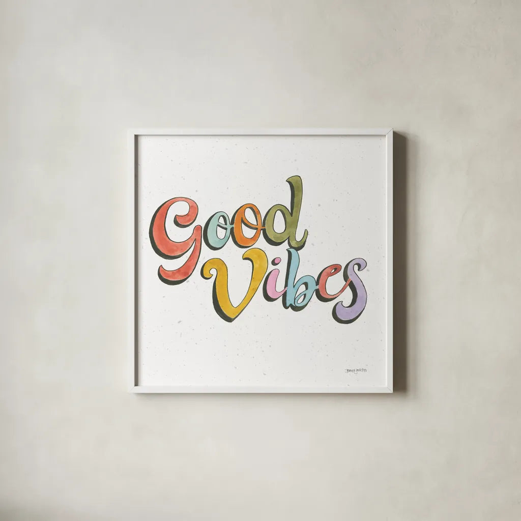 Retro Vibes Good II by Jenaya Jackson. Shown in a crisp white glass frame for a clean and minimalist style. Available as an archival giclee rolled canvas, fine art paper, or poster print. SKU 97017a.