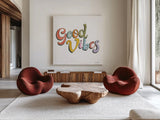Retro Vibes Good II by Jenaya Jackson. Shown as extra-large giant wall art in a modern living room. Available as an archival giclee rolled canvas, fine art paper, or poster print. SKU 97017a.