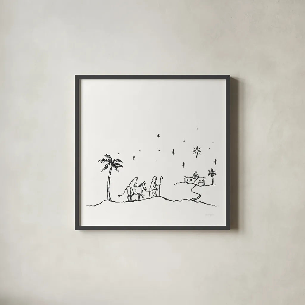 Simple Nativity I by Jenaya Jackson. Shown in a sleek black glass frame for a contemporary gallery look. Available as an archival giclee rolled canvas, fine art paper, or poster print. SKU 102000a.