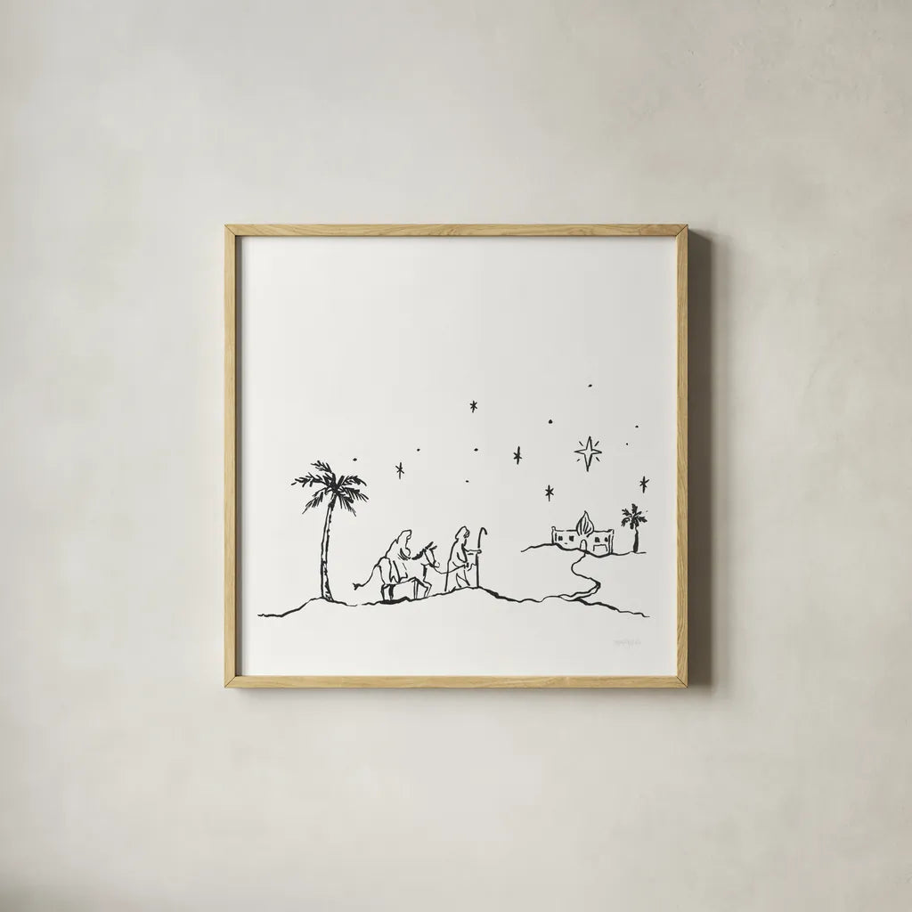 Simple Nativity I by Jenaya Jackson. Shown in a natural wood glass frame for a timeless modern aesthetic. Available as an archival giclee rolled canvas, fine art paper, or poster print. SKU 102000a.