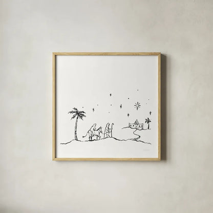 Simple Nativity I by Jenaya Jackson. Shown in a natural wood glass frame for a timeless modern aesthetic. Available as an archival giclee rolled canvas, fine art paper, or poster print. SKU 102000a.