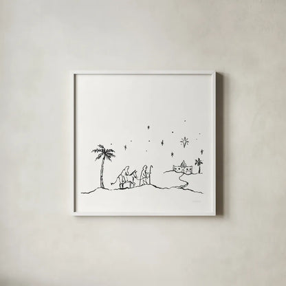 Simple Nativity I by Jenaya Jackson. Shown in a crisp white glass frame for a clean and minimalist style. Available as an archival giclee rolled canvas, fine art paper, or poster print. SKU 102000a.