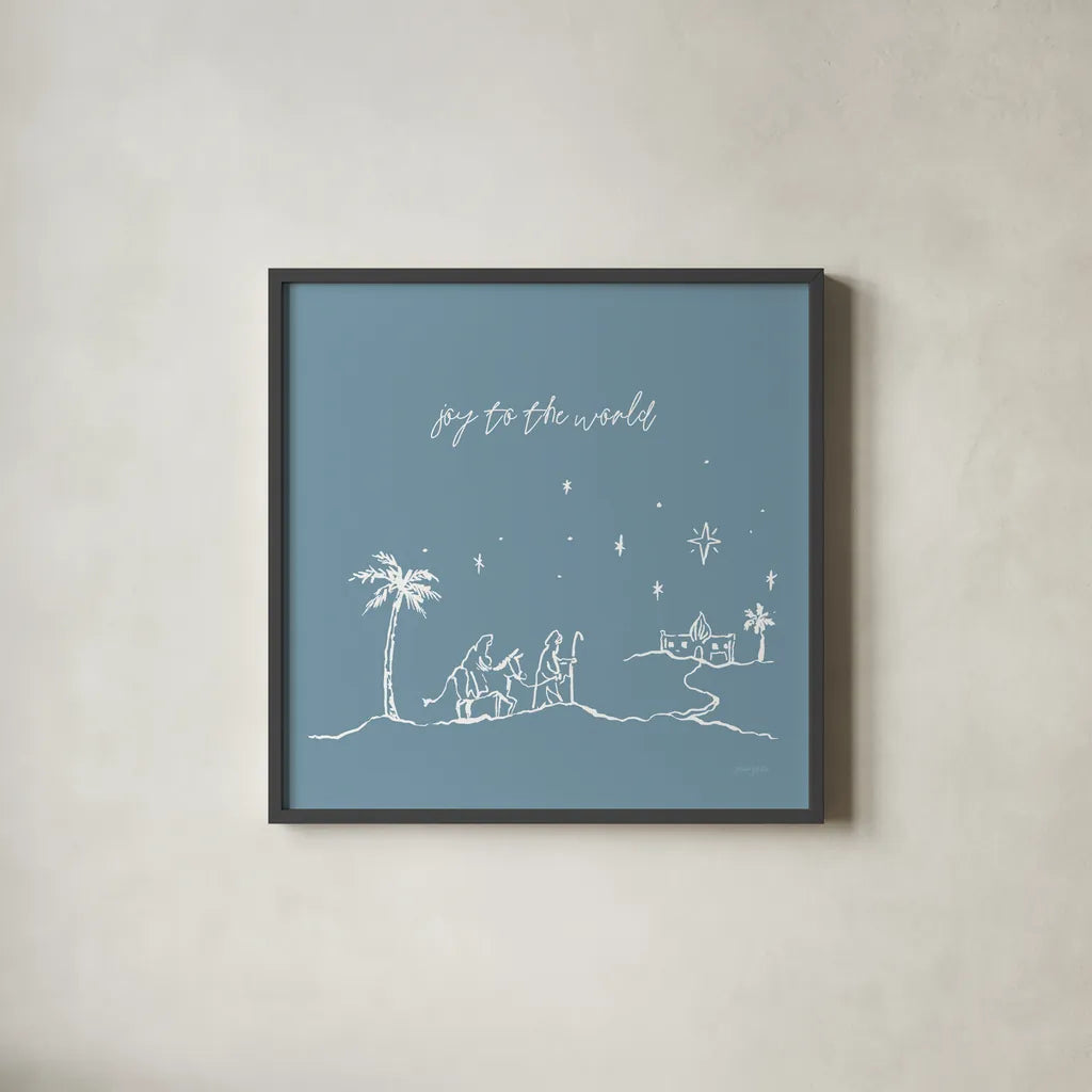 Simple Nativity I Blue by Jenaya Jackson. Shown in a sleek black glass frame for a contemporary gallery look. Available as an archival giclee rolled canvas, fine art paper, or poster print. SKU 102002a.