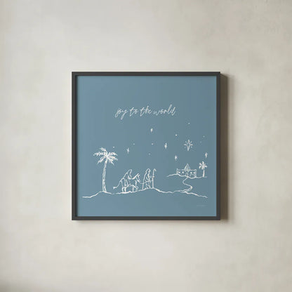 Simple Nativity I Blue by Jenaya Jackson. Shown in a sleek black glass frame for a contemporary gallery look. Available as an archival giclee rolled canvas, fine art paper, or poster print. SKU 102002a.