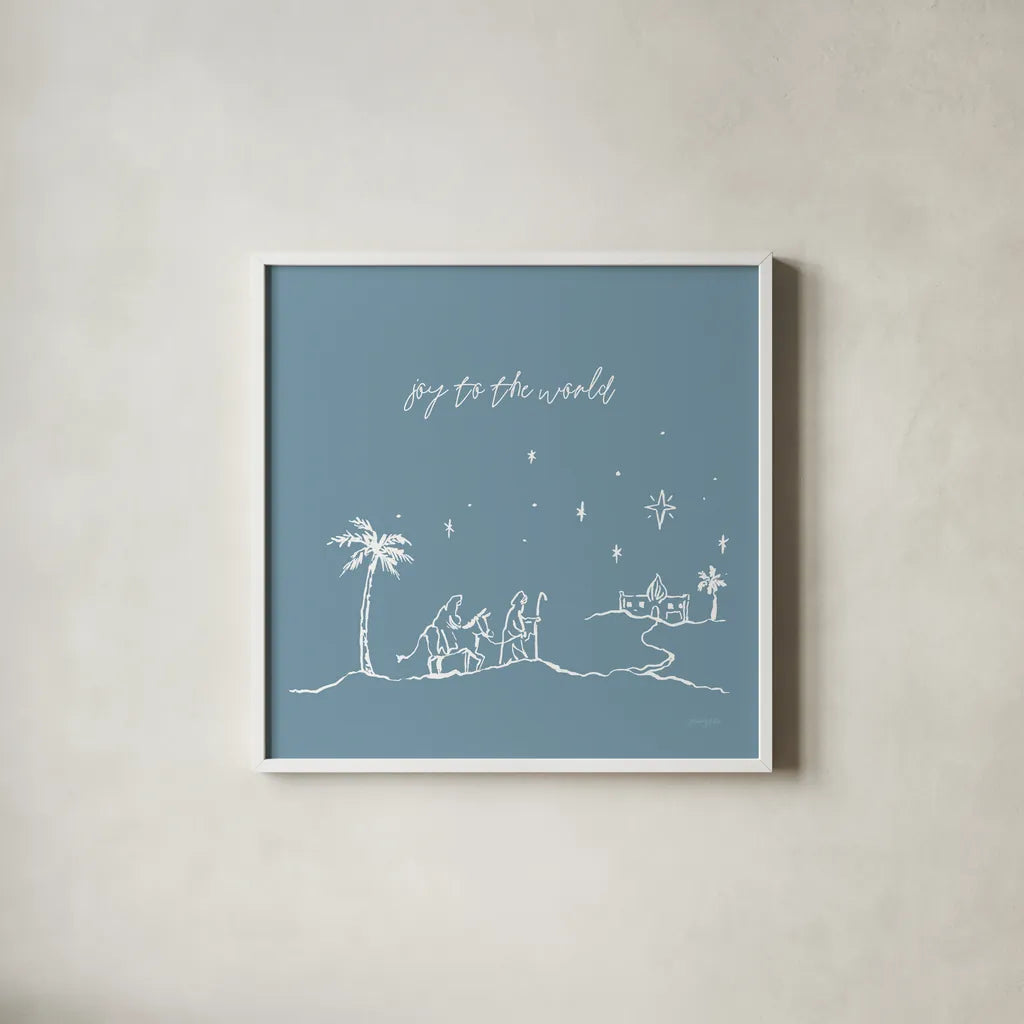 Simple Nativity I Blue by Jenaya Jackson. Shown in a crisp white glass frame for a clean and minimalist style. Available as an archival giclee rolled canvas, fine art paper, or poster print. SKU 102002a.