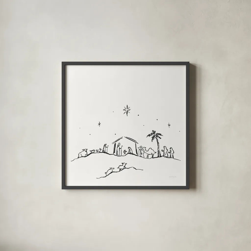 Simple Nativity II by Jenaya Jackson. Shown in a sleek black glass frame for a contemporary gallery look. Available as an archival giclee rolled canvas, fine art paper, or poster print. SKU 102001a.