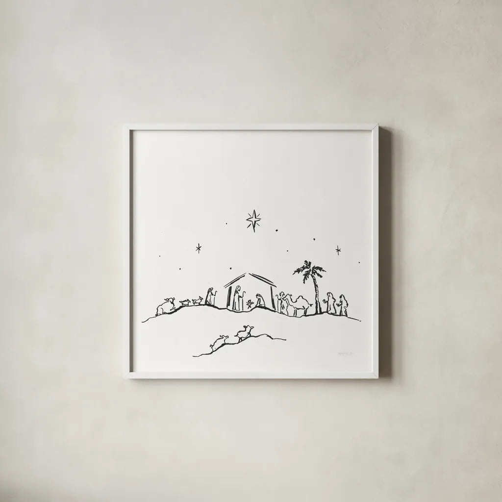 Simple Nativity II by Jenaya Jackson. Shown in a crisp white glass frame for a clean and minimalist style. Available as an archival giclee rolled canvas, fine art paper, or poster print. SKU 102001a.