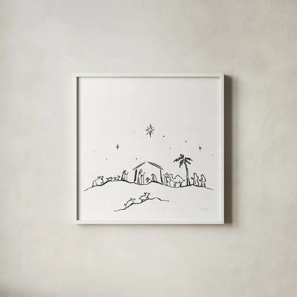 Simple Nativity II by Jenaya Jackson. Shown in a crisp white glass frame for a clean and minimalist style. Available as an archival giclee rolled canvas, fine art paper, or poster print. SKU 102001a.
