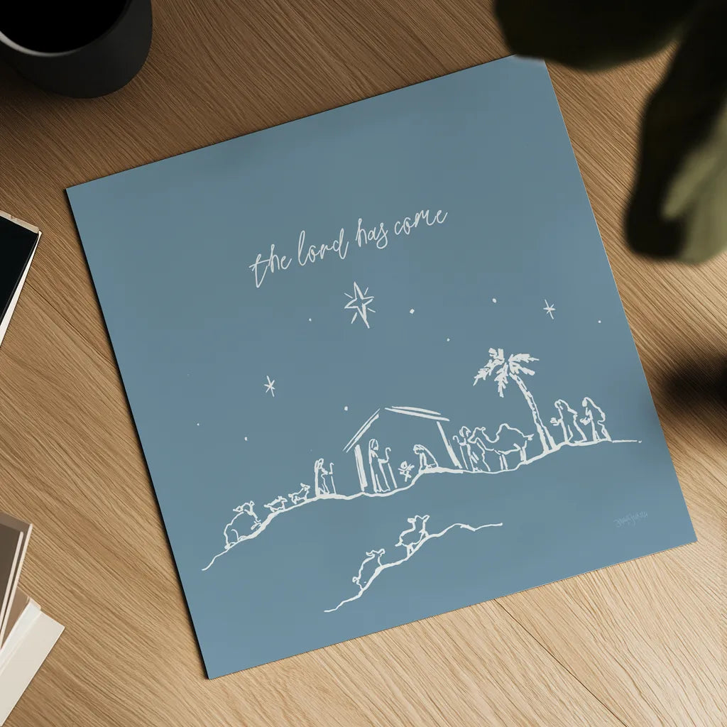 Simple Nativity II Blue by Jenaya Jackson. Shown as a detailed flat fine art print, highlighting archival giclee quality. Available as an archival giclee rolled canvas, fine art paper, or poster print. SKU 102003a.